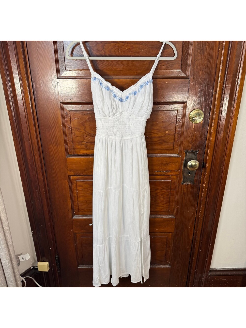 Hollister White Sundress blue floral embroidery maxi dress size small
